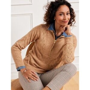 TALBOTS Cable Knit Medium Zip Collar‎ Sweater Tan Camel Classic Quiet Luxury